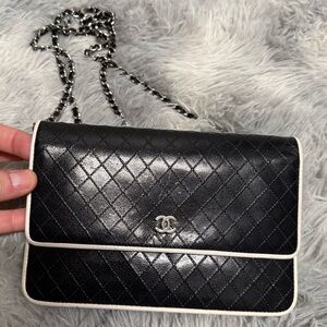 CHANEL Dark Navy Quilted Leather Wallet on Chain Clutch, Needs Cleaning! Sticker